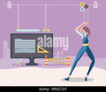 builders and desktop with webpage under cosntruction vector illustration design Stock Vector