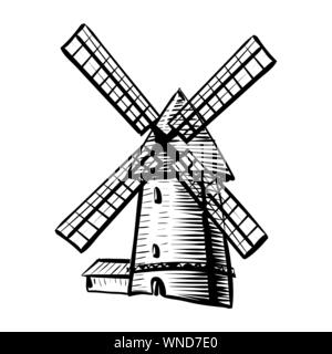 Windmill. Hand drawn sketch. Vector illustration isolated on white ...