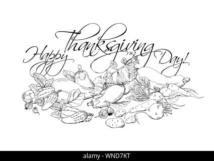 Happy Thanksgiving Day horizontal poster with different vegetables. Superfood illustration, hand drawn sketch for coloring book page design Stock Vector