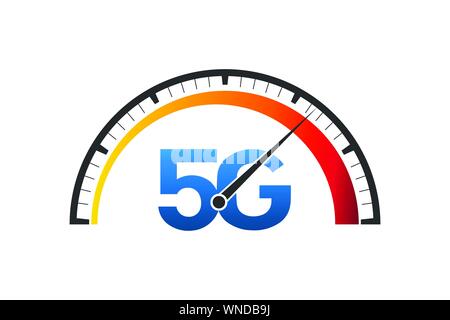 5G fast network logo. Speed internet 5g test concept. speedometer symbol of speed 5g network. Stock Vector
