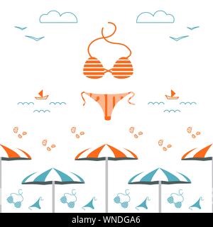 Illustration of swimsuit, shells, parasol, sand, waves, boat, seagull, cloud the beach elements on orange color background. Summer vector square banne Stock Vector