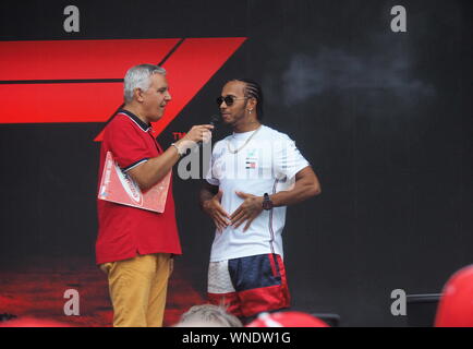 Monza, Italy 5 September 2019: Driver Lewis Hamilton presented at fans and interviewed on Monza circuit. Stock Photo