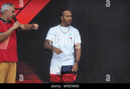 Monza, Italy 5 September 2019: Driver Lewis Hamilton presented at fans and interviewed on Monza circuit. Stock Photo