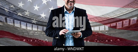 Composite image of portrait of businessman using tablet computer Stock Photo