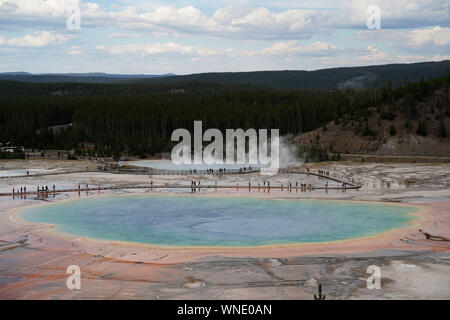 New York, USA. 5th Sep, 2019. People visit the Grand Prismatic Spring in Yellowstone National Park, the United States, Sept. 5, 2019. Credit: Han Fang/Xinhua/Alamy Live News Stock Photo