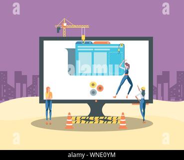 builders and desktop with webpage under cosntruction vector illustration design Stock Vector