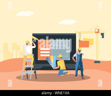 builder and laptop with webpage under cosntruction vector illustration design Stock Vector
