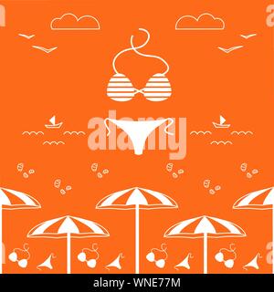 Summer time vector design square banner, seamless pattern, website cover. Illustration of swimsuit, shells, parasol, sand, waves, boat, seagull, cloud Stock Vector