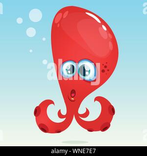 Happy vector cartoon octopus. Vector red octopus surprised.  Isolated on underwater background Stock Vector