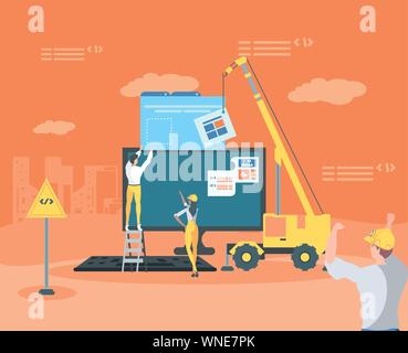 builders and desktop with webpage under cosntruction vector illustration design Stock Vector