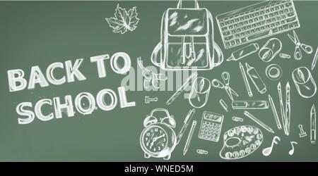 Back to school Vector banner. Sale school supplies promotion advertise poster. Chalk outline drawing texture Stock Vector