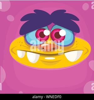 Cartoon monster face. Vector Halloween pink monster avatar Stock Vector