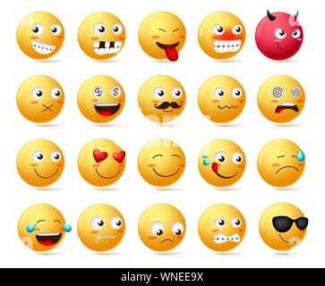 Smiley emoticon vector character face set. Smileys cute faces emoji in side view with happy, angry, scared, silent, sad, evil and inlove isolated. Stock Vector