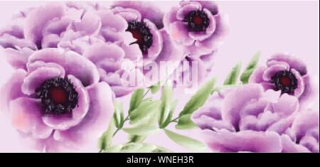Pink poppy flowers bouquet Vector watercolor. delicate decoration. Provence rustic boho poster. Wedding, birthday invitation, ceremony event greeting Stock Vector