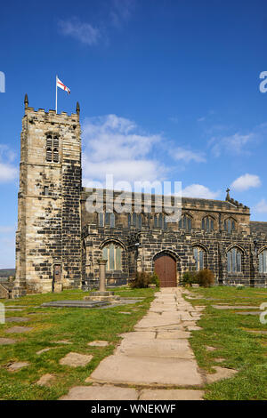 St Michael and All Angels Church stands on Warhill overlooking the village of Mottram in Longdendale, Tameside Greater Manchester,  Grade II* listed b Stock Photo