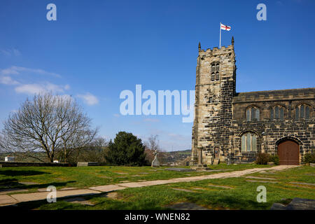 St Michael and All Angels Church stands on Warhill overlooking the village of Mottram in Longdendale, Tameside Greater Manchester,  Grade II* listed b Stock Photo
