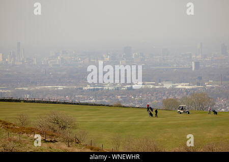 Tameside boarder Werneth Low looking down to the Golf Course and the Manchester Skyline Stock Photo