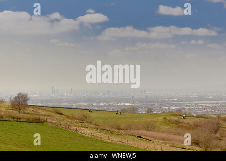 Tameside boarder Werneth Low looking down to the Golf Course and the Manchester Skyline Stock Photo