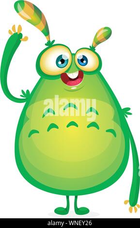 Vector cartoon alien says Hallo. Green slimy alien monster with tentacles. Happy Halloween green monster waving. Monster character icon or logo great Stock Vector
