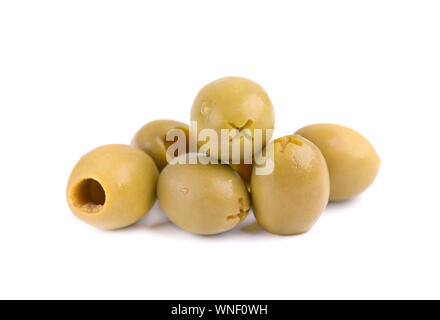 Pitted and marinated green olives, isolated on white background Stock Photo