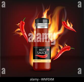 Hot chili sauce on fire vector realistic. Product placement mock up bottle. Label design advertise 3d illustration Stock Vector