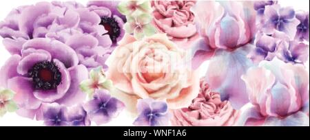Purple flowers Vector watercolor. Provence rustic poster. Wedding card, birthday ceremony event decor Stock Vector