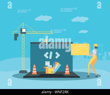 builder and laptop with webpage under cosntruction vector illustration design Stock Vector