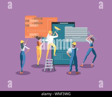 builders and smartphone with webpage under cosntruction vector illustration design Stock Vector