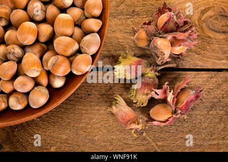 Freshly harvested hazelnuts,  some with husks, some in wooden bowl, on rustic wooden background, high angle view Stock Photo