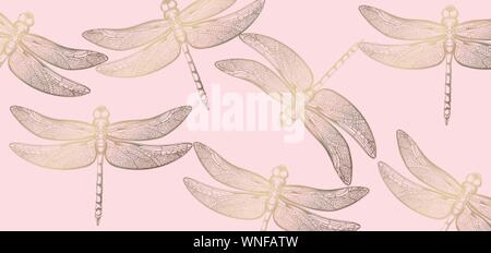 Dragonfly golden pattern Vector line art. Texture shiny decor Stock Vector