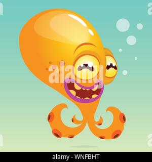 Cute cartoon octopus. Vector Halloween yellow octopus with tentacles isolated on underwater background Stock Vector