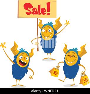 Happy Halloween cartoon monsters set for shopping discount banners. Monster holding sale sign. Monster holding yellow sale bags Stock Vector