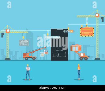 builders and smartphone with webpage under cosntruction vector illustration design Stock Vector