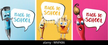 Back to school comics cartoon characters Vector. Notebook pen and ruler funny characters illustration watercolor style Stock Vector