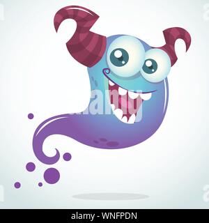 Happy cartoon blue ghost with two horns and big eyes. Vector Halloween character Stock Vector