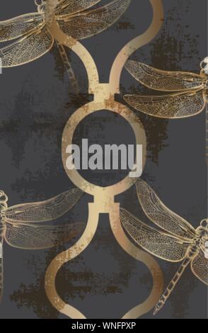 Dragonfly golden pattern Vector line art. Abstract texture shiny ornament decor Stock Vector