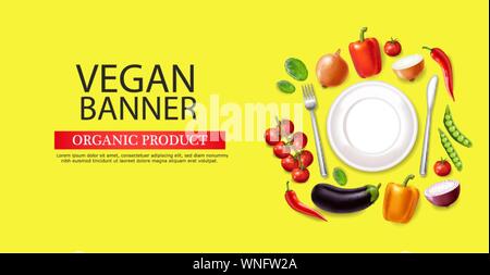 Vegan plate banner Vector realistic. Eggplant, pepper and tomatoes detailed 3d illustration Stock Vector