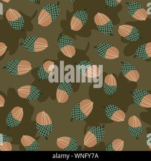 seamless vector pattern with acorns scattereed on a brown background Stock Vector