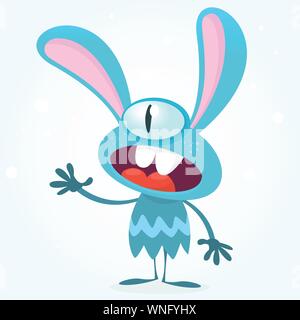 Cute blue monster rabbit. Halloween vector bunny monster with one big eye presenting. Isolated on white Stock Vector
