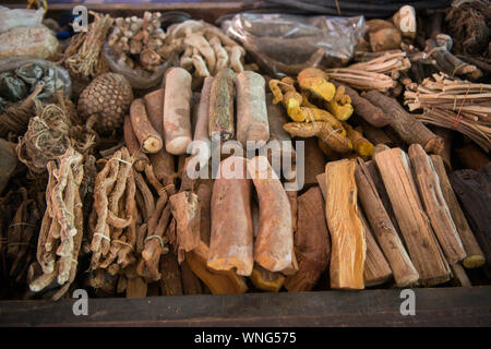 High Angle View Of Various Herbal Medicines For Sale At Market