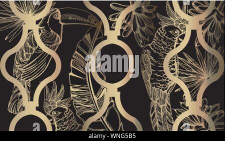 Abstract ornament pattern with palm leaves Vector. Golden exotic decor foliage background Stock Vector