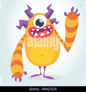 Happy orange monster. Vector Halloween  monster with one eye waving. Vector isolated on light background Stock Vector