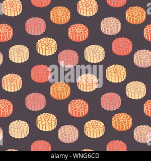 seamless vector pattern with pastel colored mooncakes on a dark purple background Stock Vector