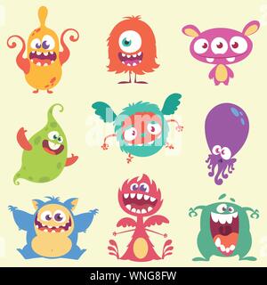 Cute cartoon monsters and alien character icons set. Halloween vector illustration Stock Vector