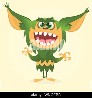 Happy cartoon gremlin monster. Halloween vector goblin or troll with green fur and big ears Stock Vector