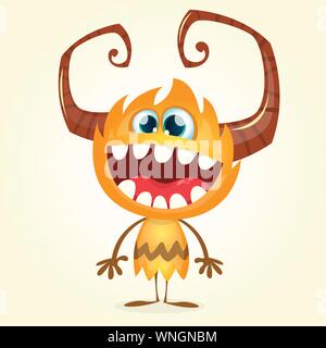 Happy orange monster. Vector Halloween horned monster character smiling isolated Stock Vector
