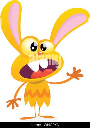 Cute yellow monster rabbit. Halloween vector bunny monster with big ears waving. Isolated on white Stock Vector