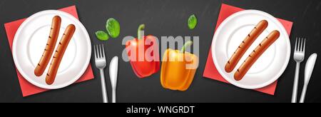 Grill plate Vector realistic. Meat and veggies menu poster. Detailed 3d illustration Stock Vector