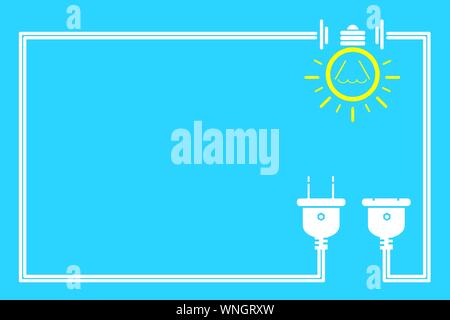 Plug and outlet on blue background. Electrical wire frame and copy space. Concept of save electrical energy. Stock Vector