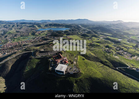 Simi Valley, California, USA - March 26, 2018:  Aerial view of Ronald Reagan Presidential Library and Center for Public Affairs and suburban valleys i Stock Photo